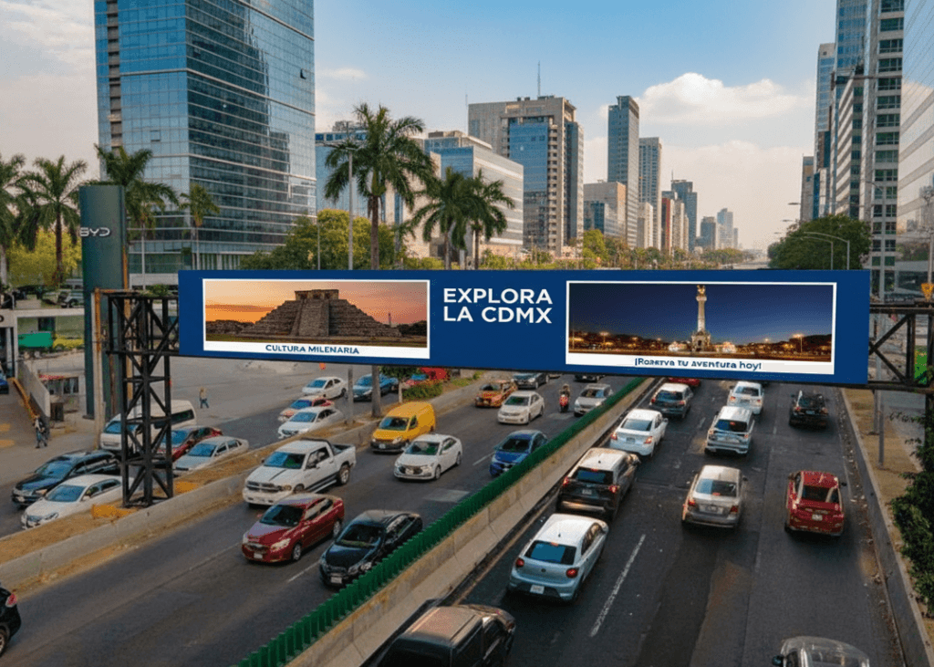 Publicidad en arco digital sobre avenida principal mostrando imágenes turísticas de la Ciudad de México.