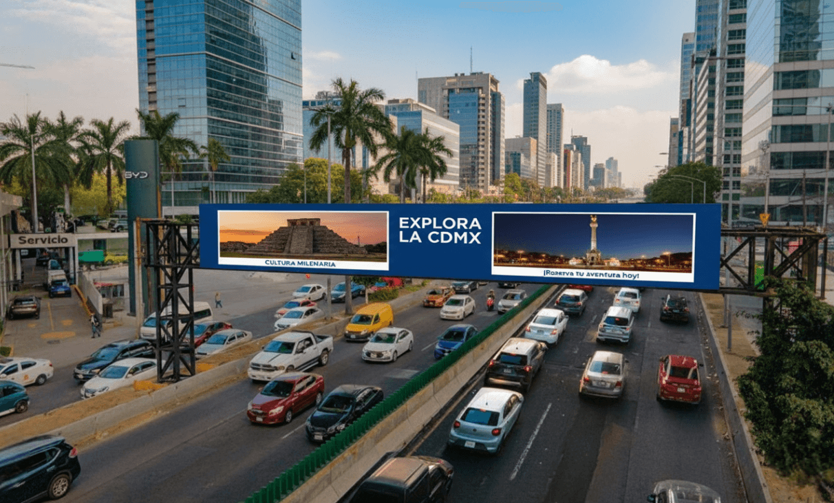 Publicidad en arco digital sobre avenida principal mostrando imágenes turísticas de la Ciudad de México.