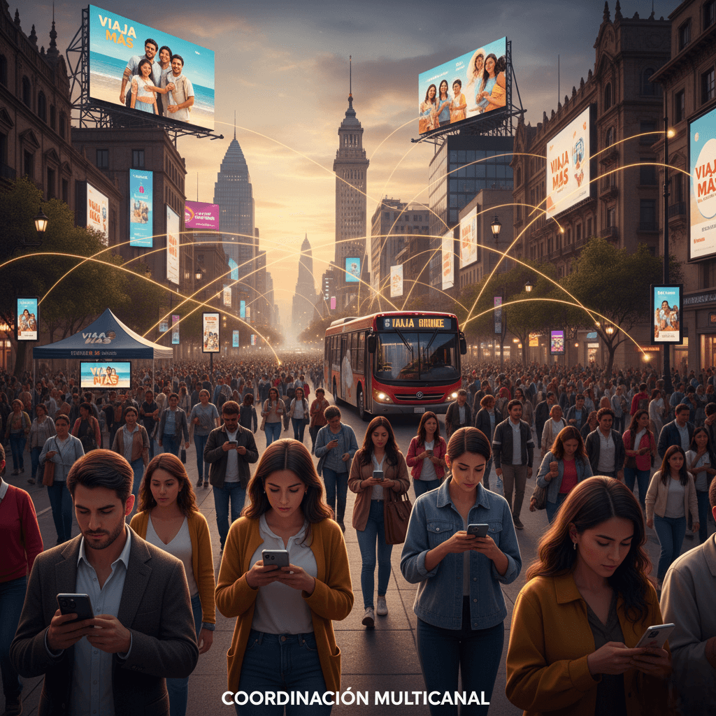 Estrategia de coordinación multicanal en una ciudad con pantallas OOH, anuncios sincronizados y personas conectadas desde sus dispositivos móviles.