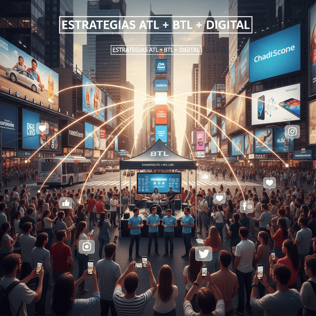 Estrategia ATL + BTL + Digital en un entorno urbano con pantallas publicitarias, activación en sitio y conexión en tiempo real con redes sociales.