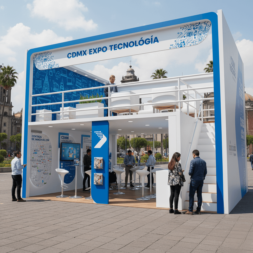Stand publicitario diseñado para activación de marca en evento, con estructura modular y exhibición de productos.
