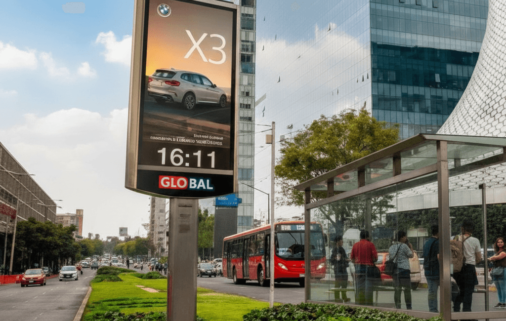 Tótem digital publicitario encendido mostrando contenido de marca en espacio público