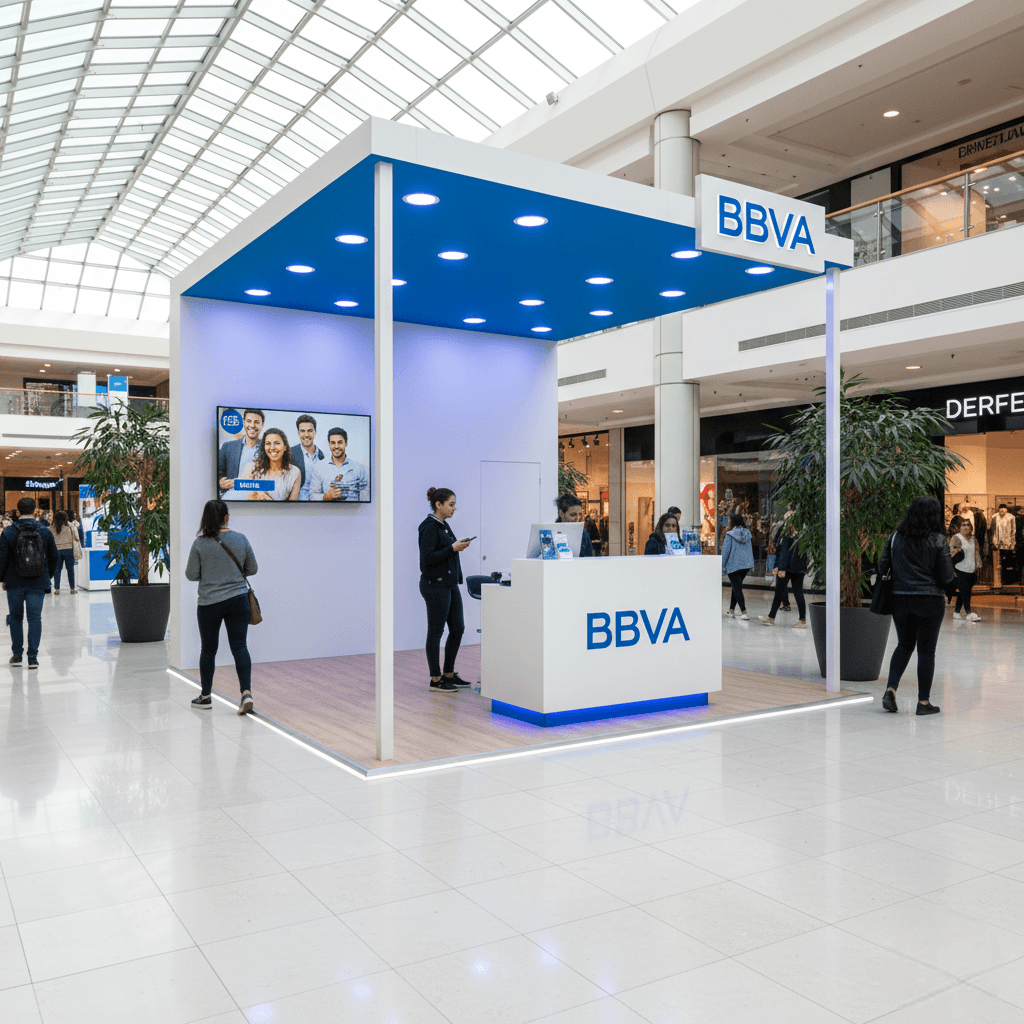 Stand publicitario de BBVA diseñado para activaciones y promoción de servicios financieros en eventos.