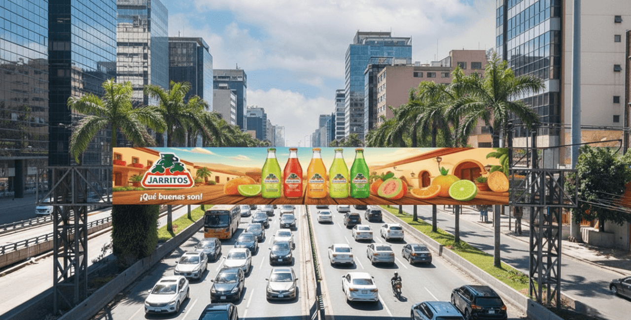 Arco digital publicitario de Jarritos con botellas de sabores sobre una vialidad concurrida.