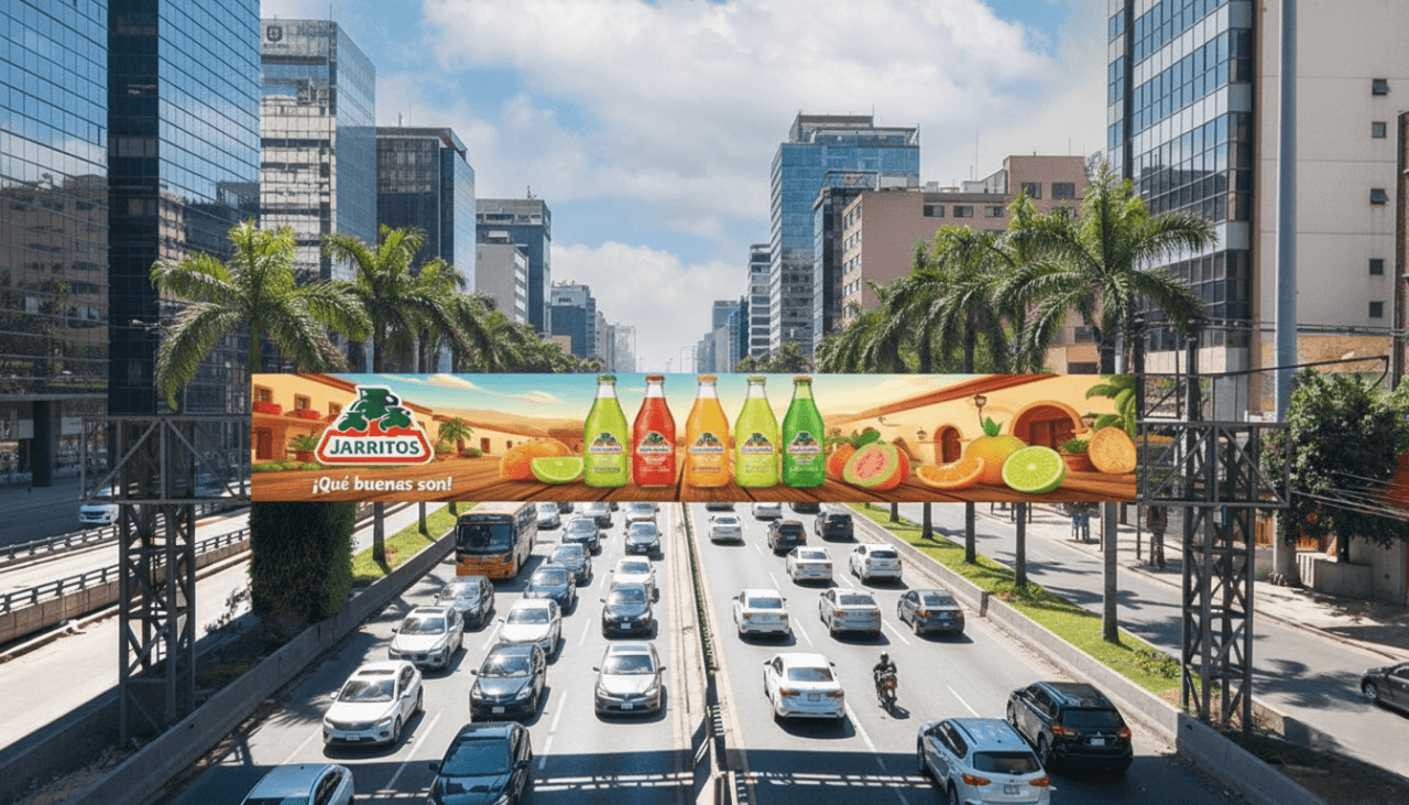 Arco digital publicitario de Jarritos con botellas de sabores sobre una vialidad concurrida.