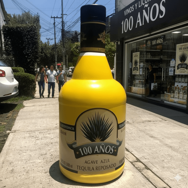 Volumétrico publicitario de Tequila 100 Años en banqueta frente a tienda de vinos y licores.