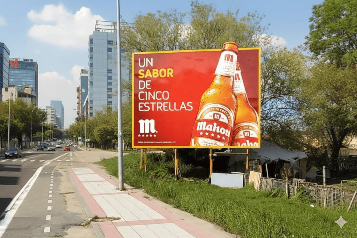 Valla publicitaria fija con anuncio de marca instalada en zona urbana