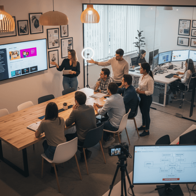 Equipo de marketing digital analizando estrategias y presentando campañas en sala de juntas, gestionado por Artefacto Medios.