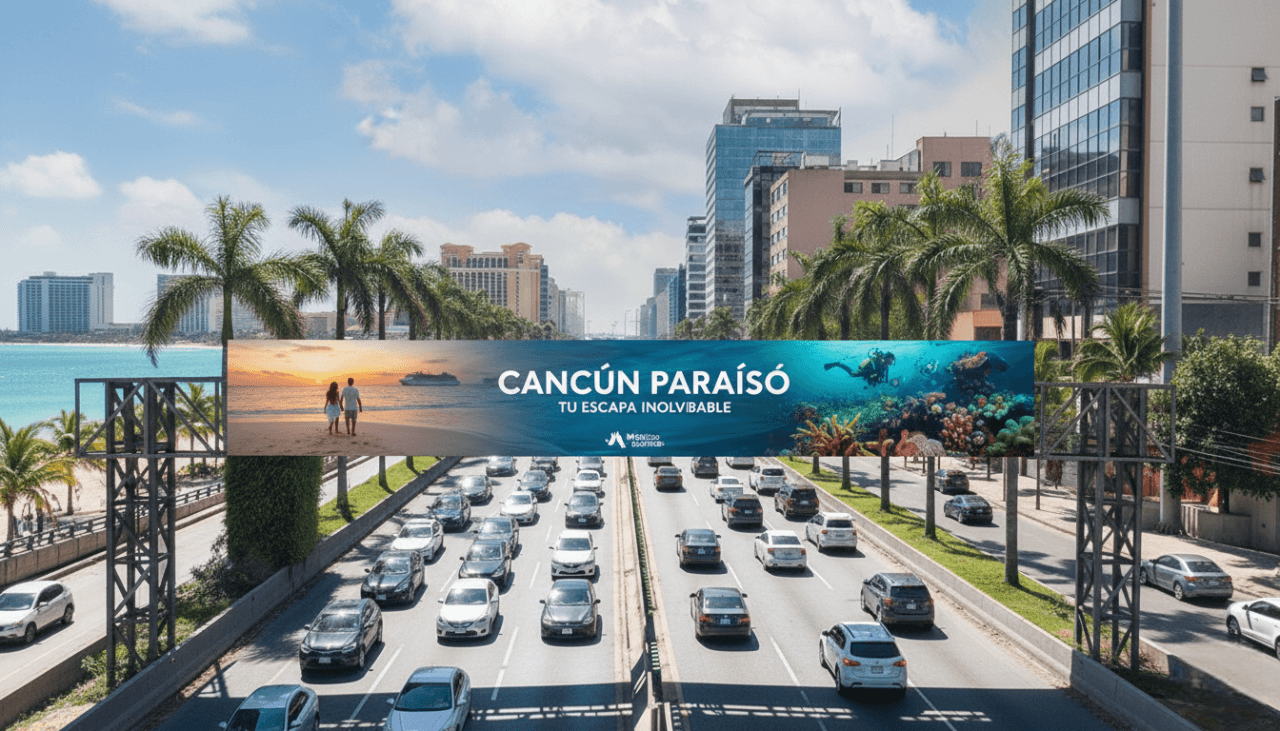 Arco digital publicitario en avenida principal mostrando campaña de Cancún Paraíso con imágenes de playa y arrecifes.