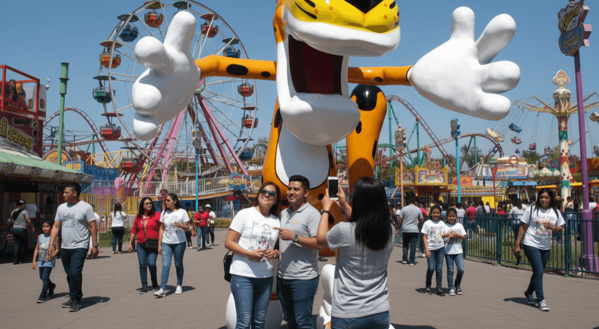 Volumétrico gigante de Chester Cheetos en un parque de diversiones con visitantes tomándose fotos.
