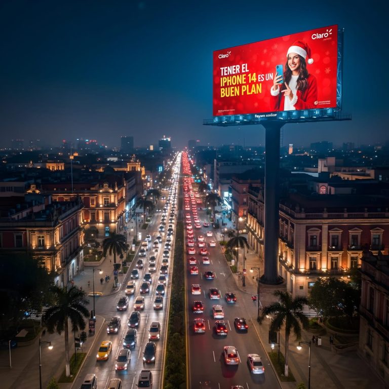 Pantalla publicitaria LED mostrando contenido digital en espacio público
