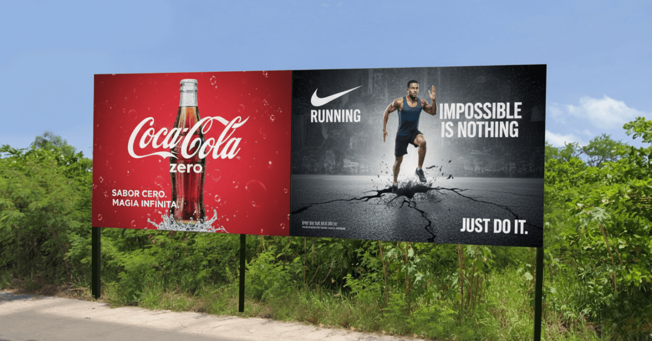 Vallas publicitarias fijas con campañas de Coca-Cola y Nike en carretera rodeada de vegetación.