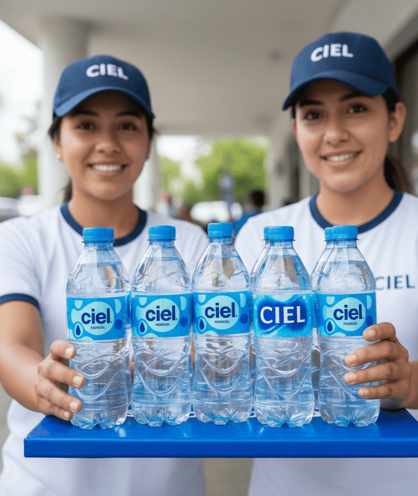 Promotoras entregando muestras de agua Ciel en activación de sampling.