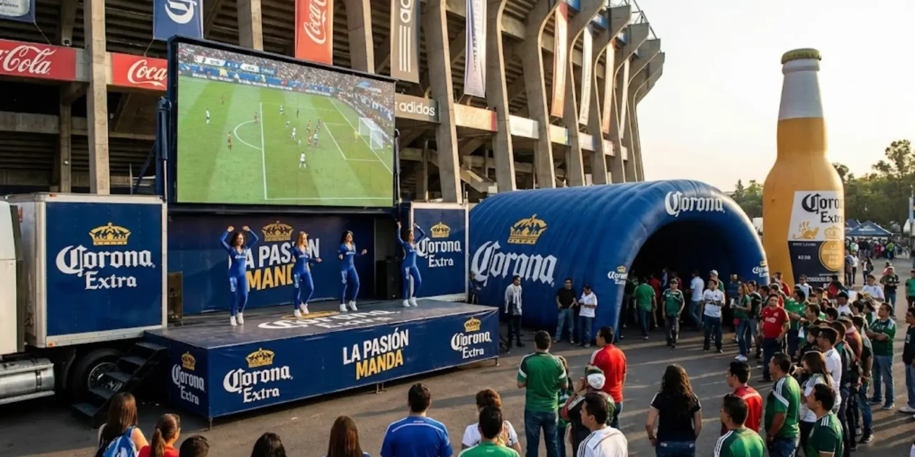 Activación de marca con escenario, pantalla gigante y experiencia interactiva en entorno deportivo