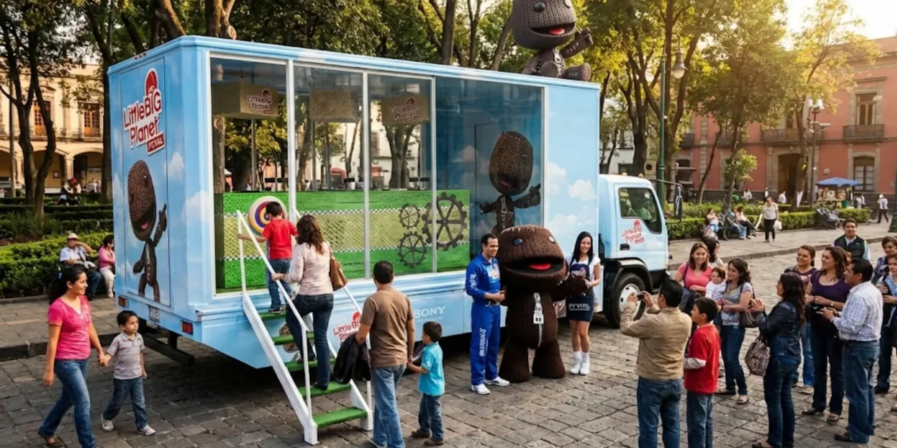 Pecera móvil publicitaria con activación de marca y experiencia interactiva para familias y niños en espacio público de alto flujo peatonal.