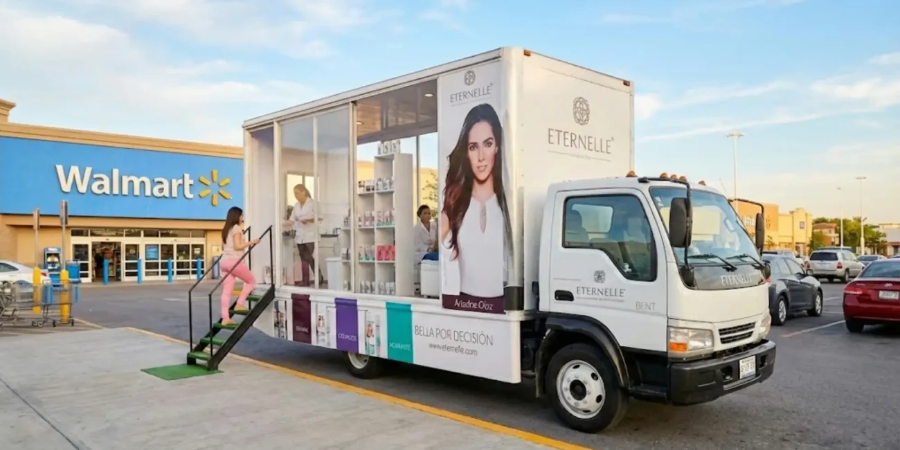 Pecera móvil publicitaria instalada frente a Walmart con activación de marca y experiencia directa para consumidores en punto de venta.