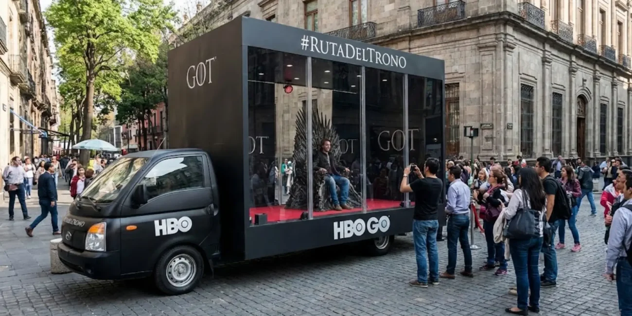 Pecera móvil publicitaria en la Ciudad de México con activación de marca en camión, atrayendo a personas en espacio urbano de alto flujo peatonal.