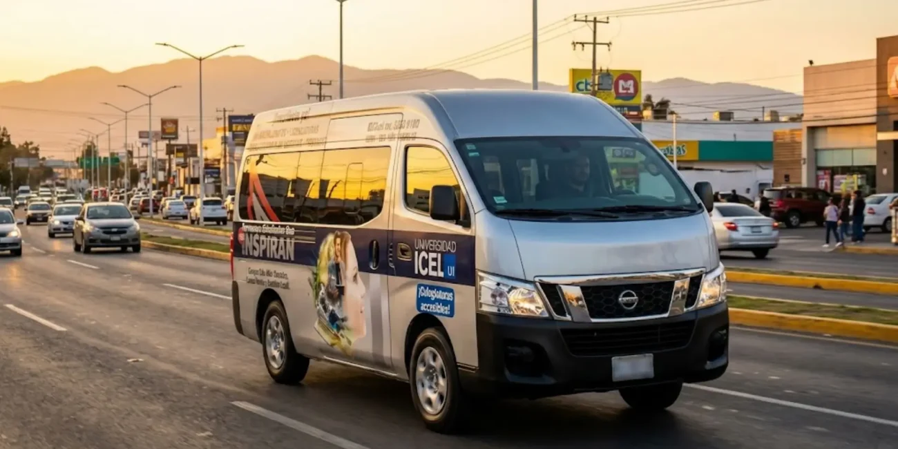 Publicidad móvil en urvan rotulada de la marca Universidad ICEL circulando en avenida de alto flujo vehicular