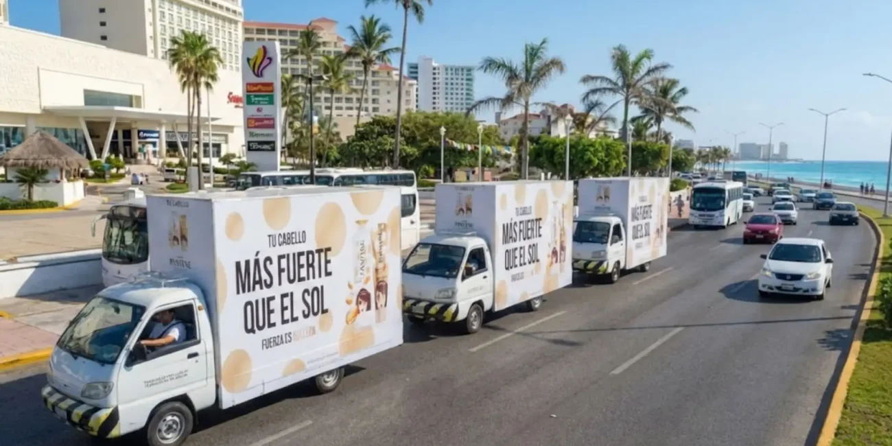Vallas móviles en caravana con publicidad de la marca Pantene para campaña de posicionamiento de producto