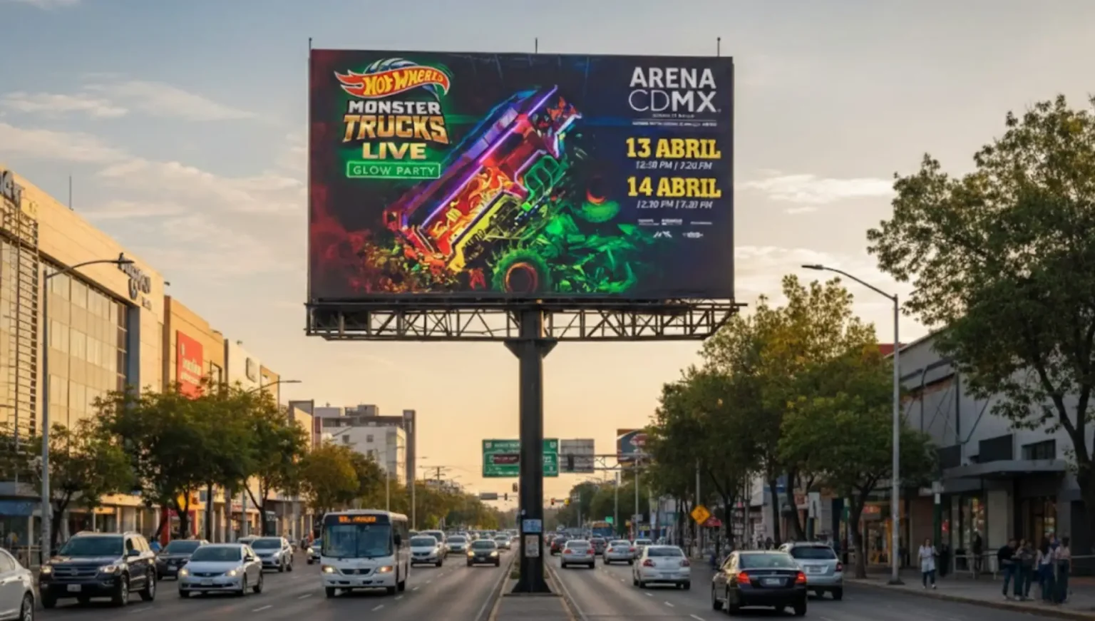 Espectacular publicitario de Hot Wheels Monster Trucks Live instalado en avenida principal como estrategia de publicidad exterior para promoción de evento masivo en México.