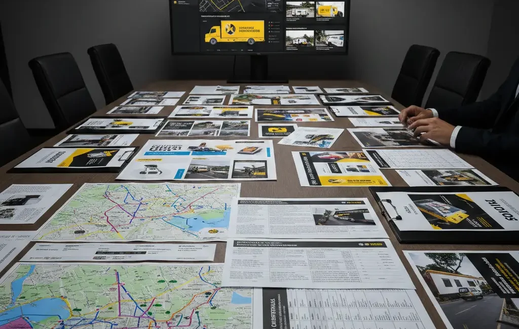 Equipo de Artefacto Medios planificando estrategias de publicidad móvil y exterior con análisis de rutas, métricas y cobertura nacional.