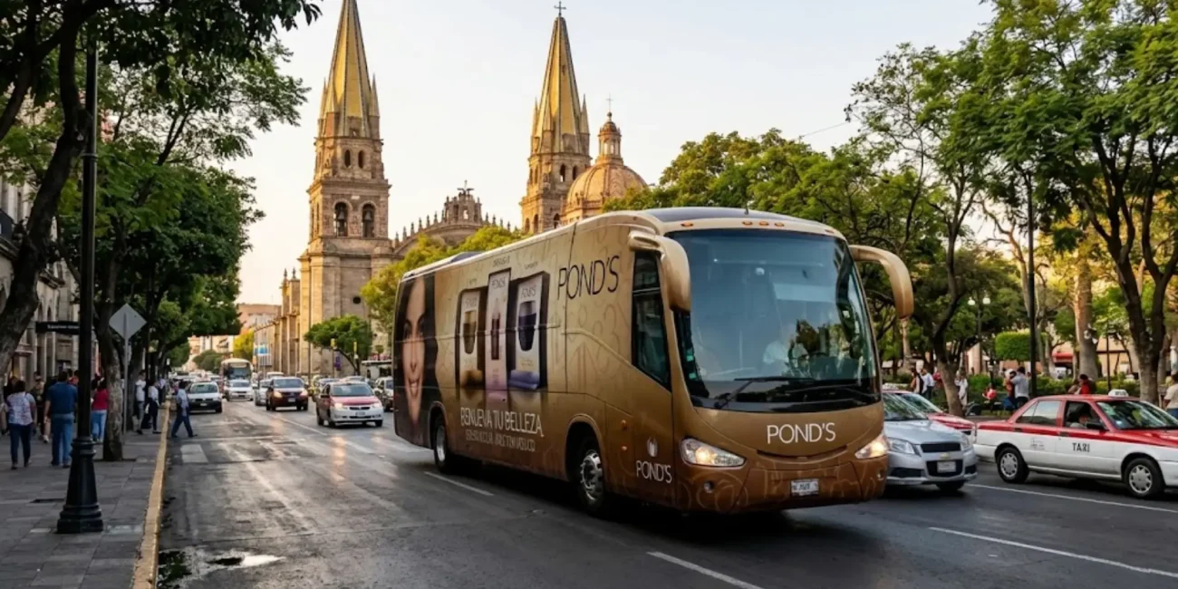 Espectacular móvil publicitario en camión circulando por avenida icónica de la ciudad, con branding de marca y alta visibilidad urbana.