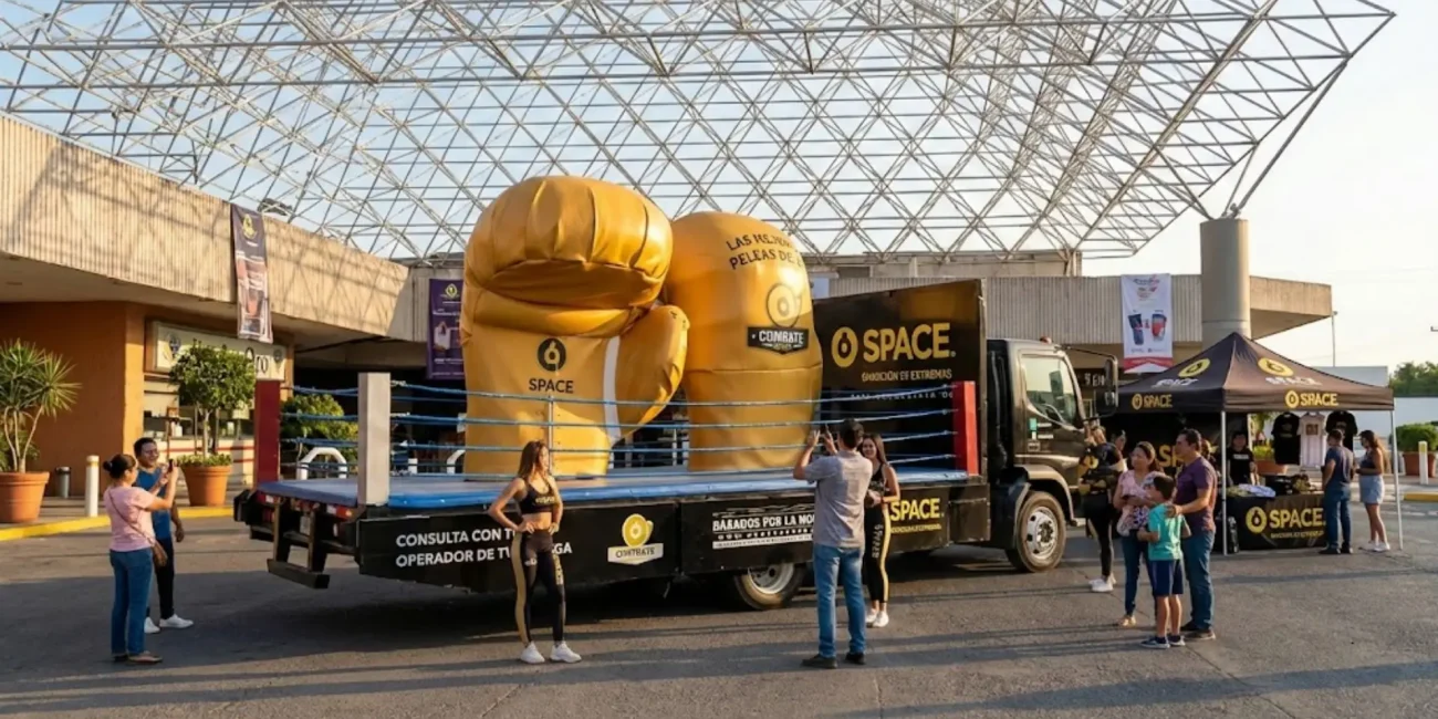 Plataforma publicitaria 3D móvil con elemento volumétrico inflable y activación de marca, interactuando con público en espacio comercial de alto flujo.